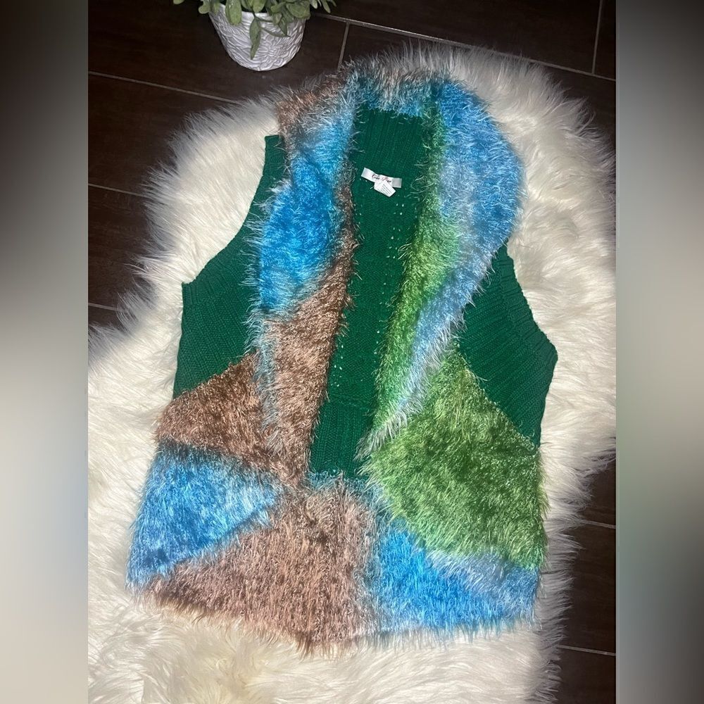 Coco Roja multi colored eyelash knit sleeveless open sweater sz small
